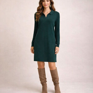 Absolutely Famous Sweater Dress Medium Hunter Green Ribbed Sleeve Collared Polo